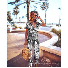 Hot sale 2020 spring and summer fashion trend printing V-neck short sleeve women jumpsuit